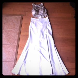 Two piece prom dress off whit and gold sequin top